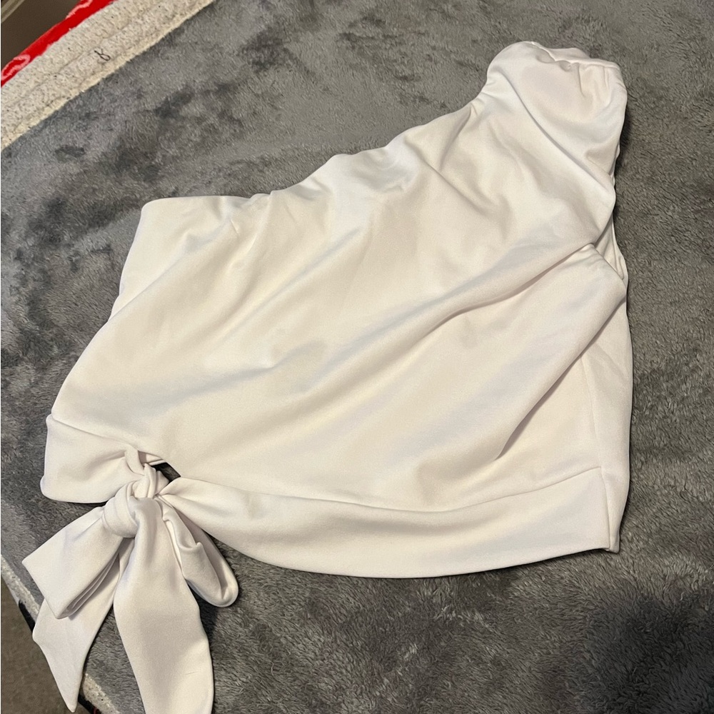 white cropped off shoulder top
